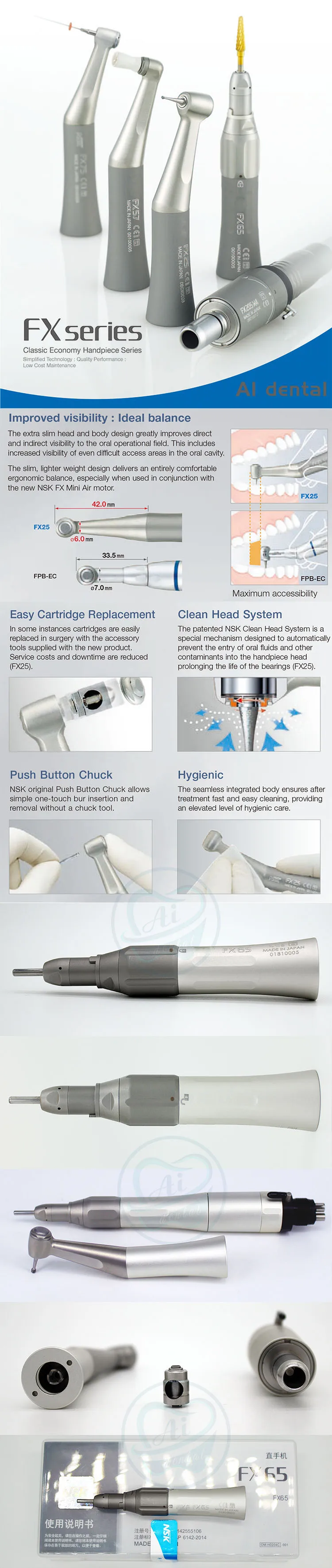 Motor de ar Furo com Rolamento de Esferas Reto e Fx65 1:1 contra Ângulo Estilo Dental Velocidade Lenta Conjunto Fx25 Handpiece 2 - 4 fx 9 High Quality Beleza e saúde