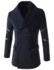 Mens Slim Fit Big Lapel Double Breasted Leather Patched Thin Padded Navy Blue Coat