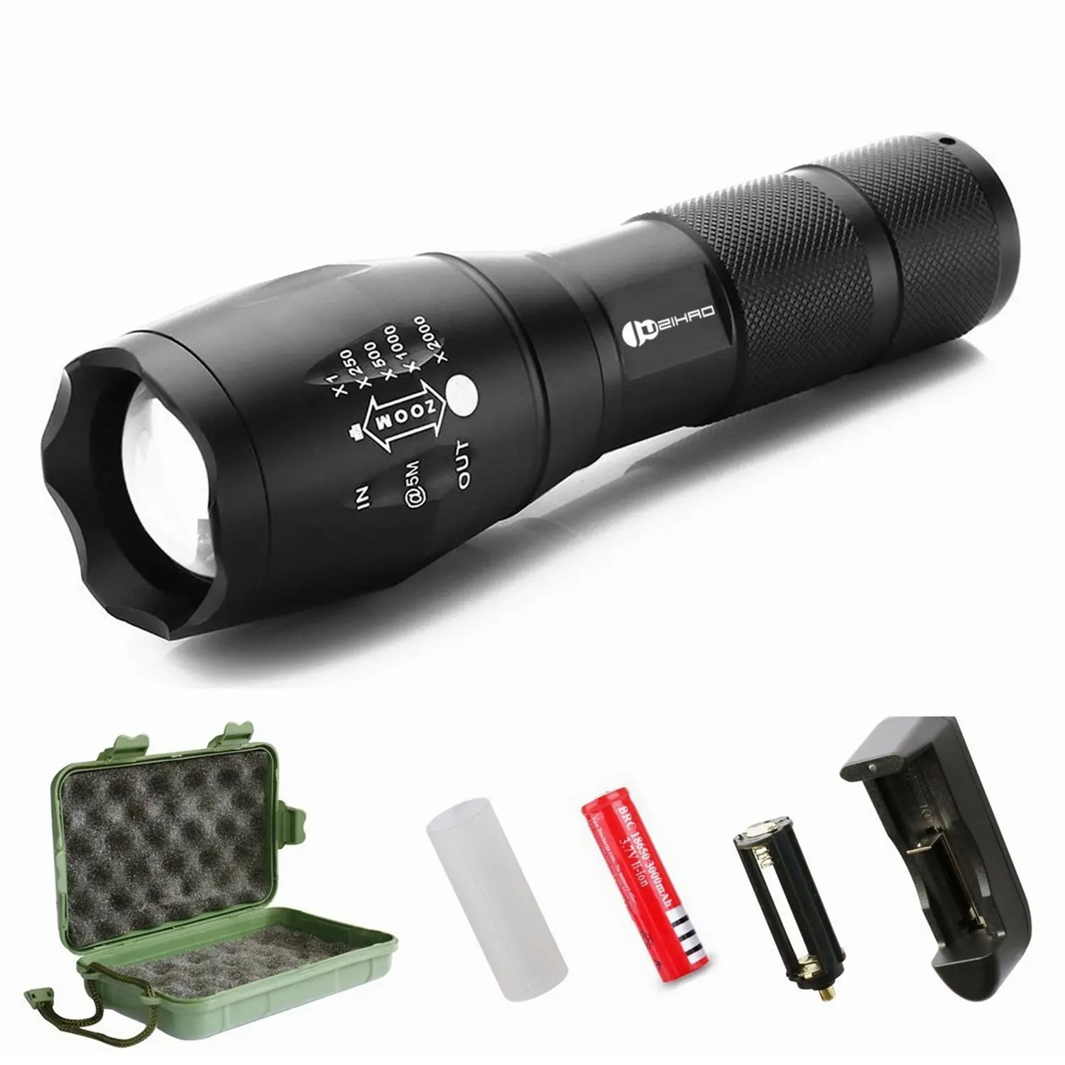 Juzihao JM-T6 Super Bright 1000 Lumens 5 Modes Mini CREE LED Zoomable Flashlights, Water Resistant Portable Camping Torch Light Tactical Flashlight - Rechargeable 18650 Batteries and Charger Included