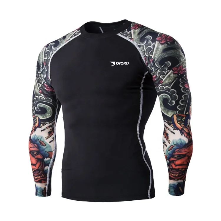Custom Made Sublimation Printed Lycra Fabric Mens Mma Long Sleeve Rash