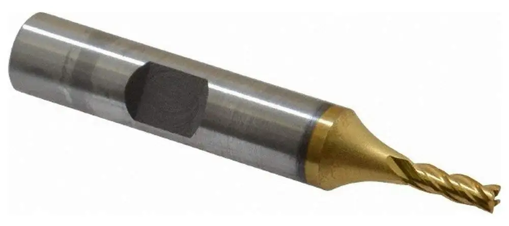 1/8" Diam, 3/8" LOC, 3/8" Shank Diam, 2-5/16" OAL, 4 Flute Cobalt Square End Mill, Single End, TiN Finish, Spiral Flute, 30° Helix, Right Hand Cut, Right Hand Flute, Regular Length