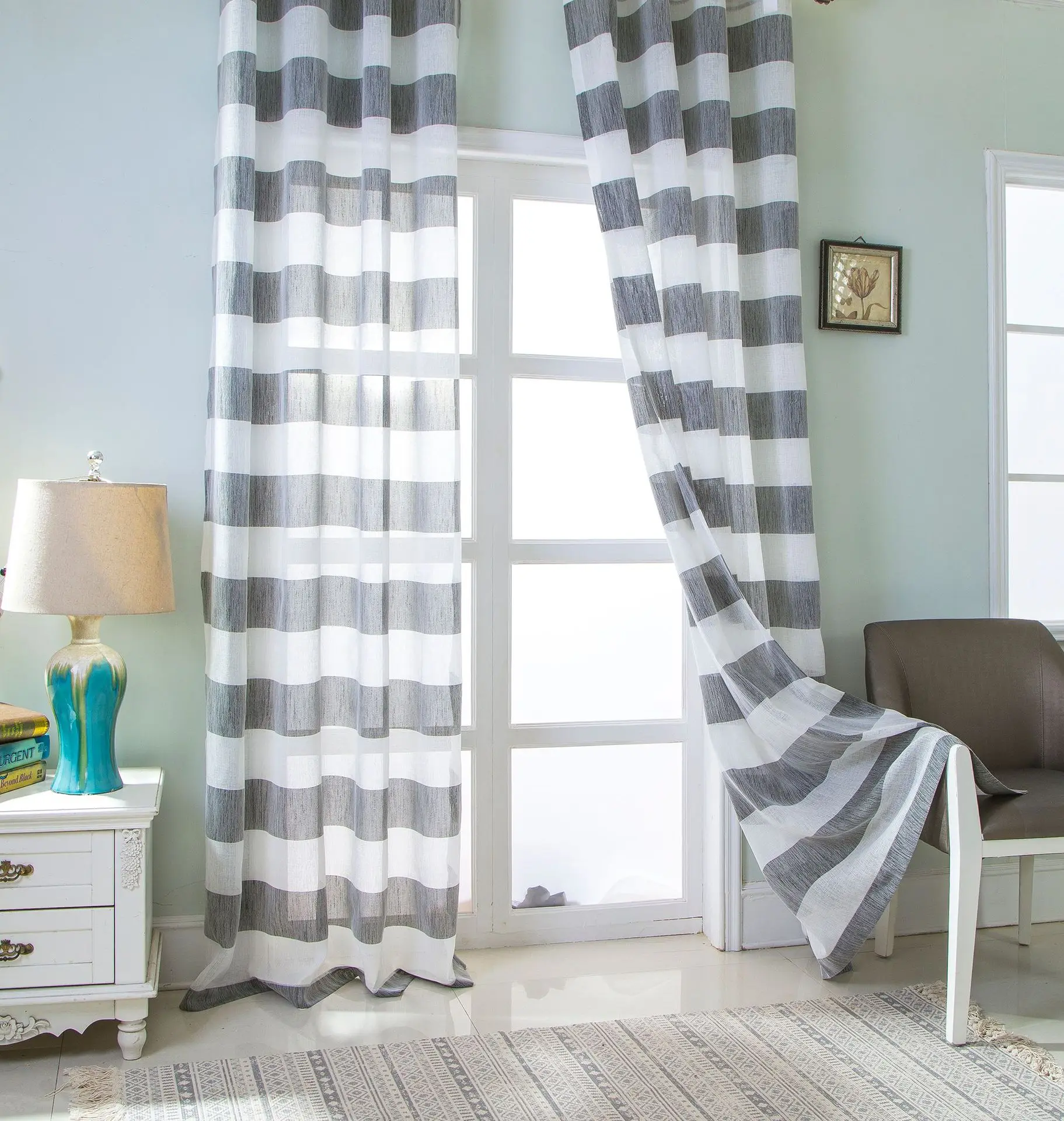 French light blue window bedroom polyester shading blackout curtain