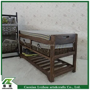 European Style Solid Wood Shoe Bench With Basket Drawer Shoe Store