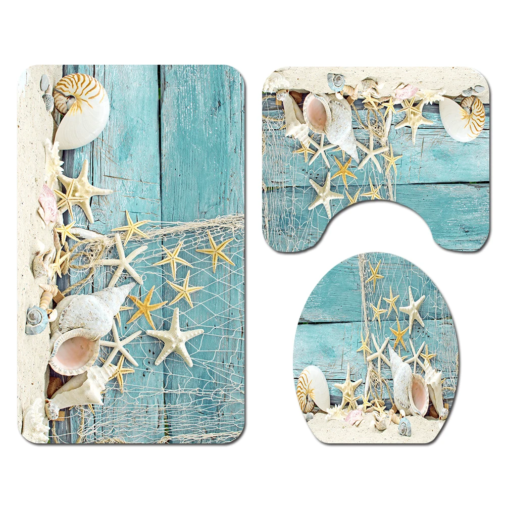 Polyester Shower Curtain Lid Toilet Cover Bath Mat Rug with Hooks Bathroom Accessory Sets 180x180cm