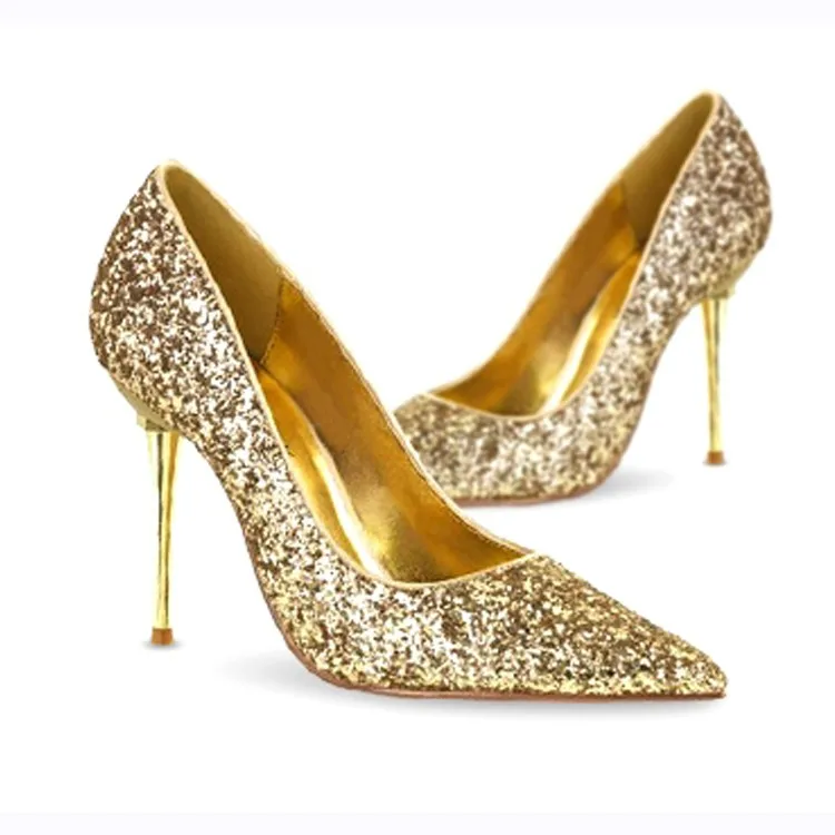 Wholesale Gold And Black Ladies Sequins Stiletto Heels Pointed Shallow ...