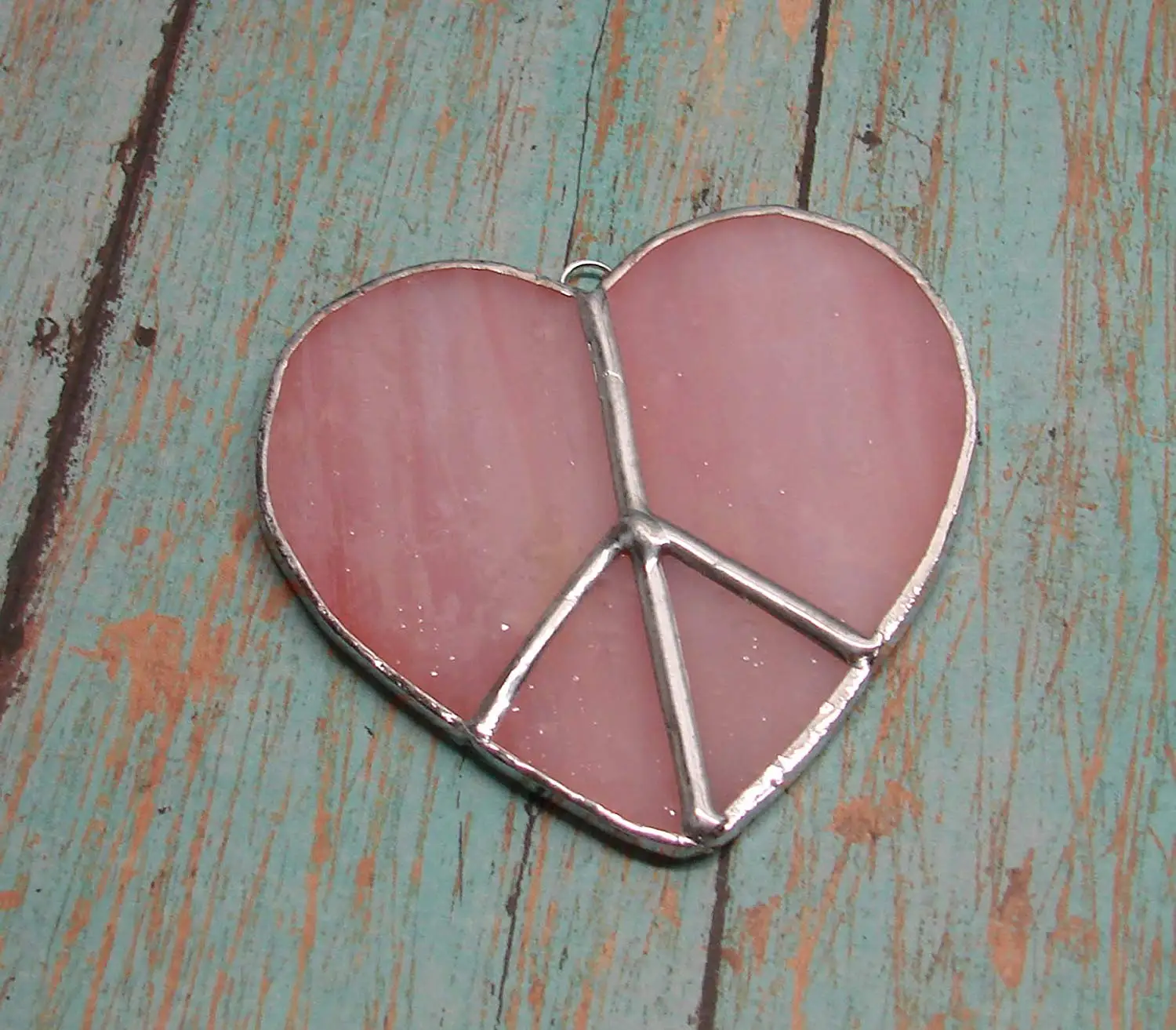 Pink Heart Shaped Peace Sign Handmade Stained Glass Sun Catcher Ornament