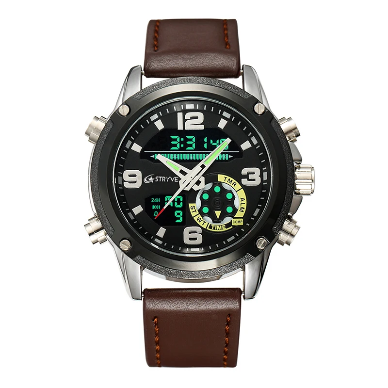 STRYVE Fashion Men Sport Watches Mens LED Analog Digital Watch Army Military Leather Quartz Watch Relogio Ma