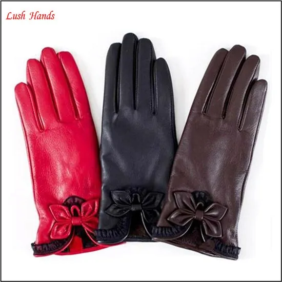 Women's Silk Lined Plain Hairsheep Leather Gloves with Bow Detail