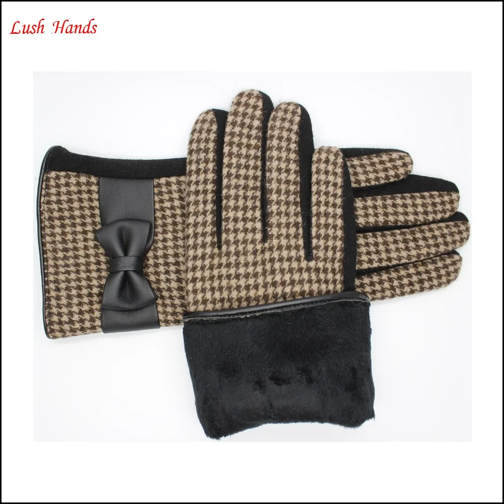 ladies wallow gird micro velvet gloves with black bow for wholesale