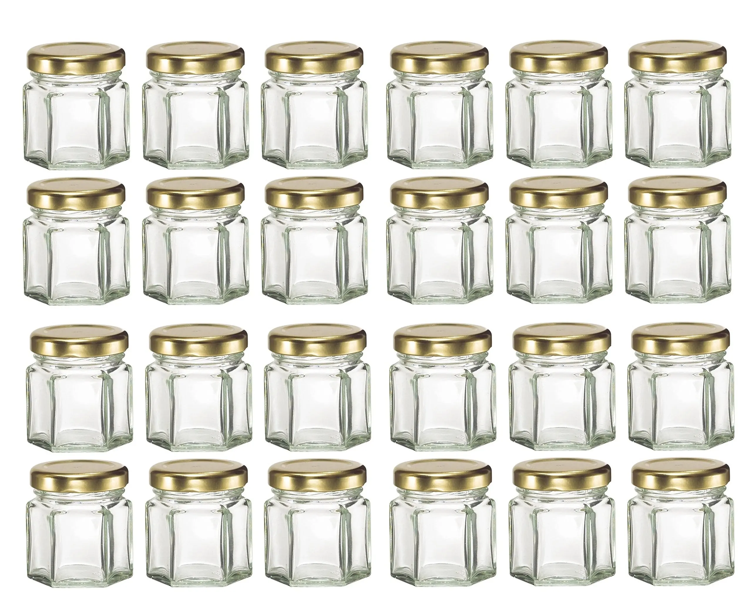 Nakpunar 24 pcs, 1.5 oz Mini Hexagon Glass Jars with Gold Plastisol Lined Lids