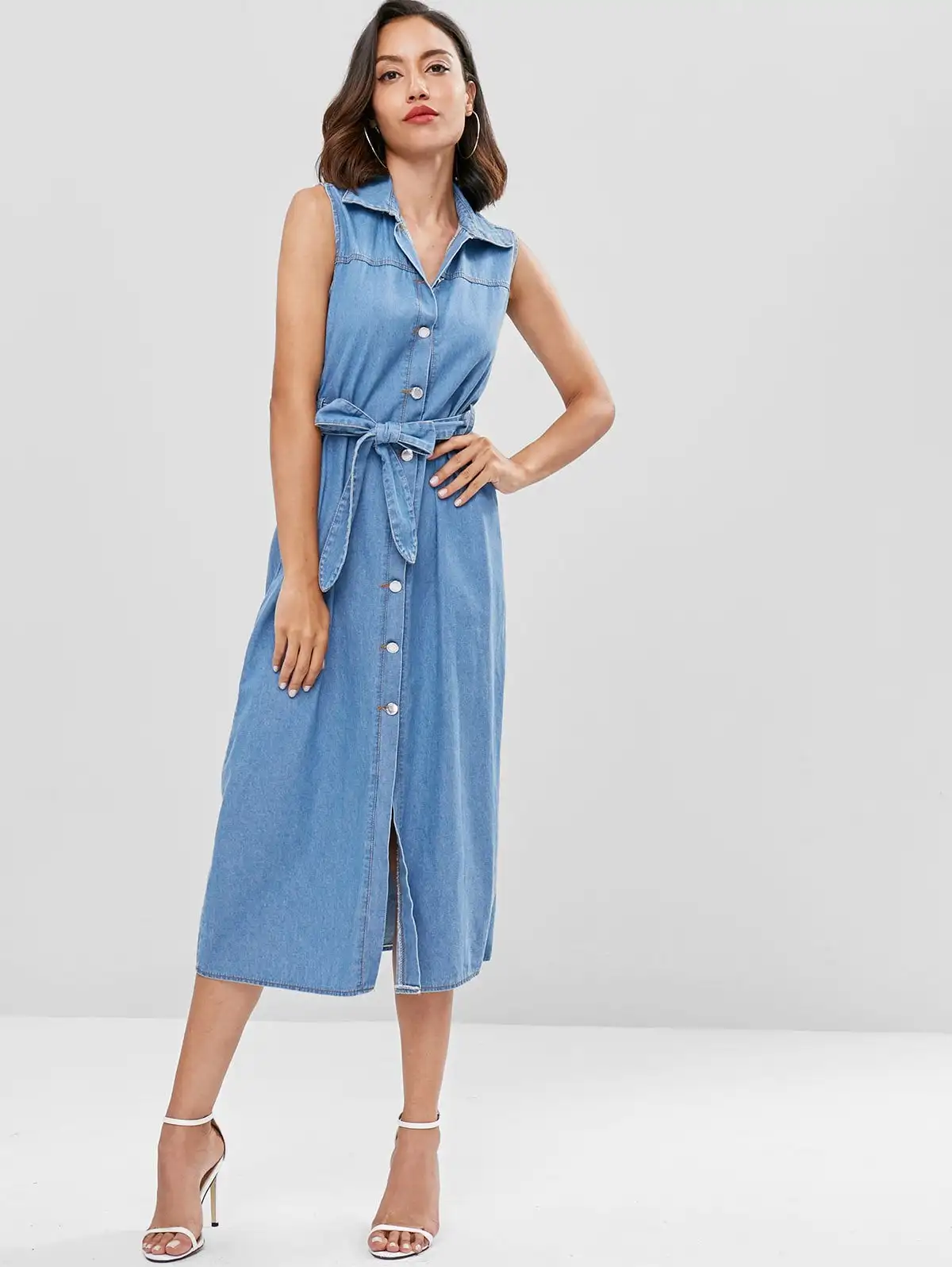 Summer Sleeveless With Blet Design Casual Dresses Length Denim Women Dresses for Lady