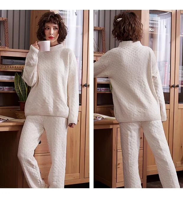 Female Pajama Sets Women Casual Knitted Cotton Pijamas Suit Oneck Home