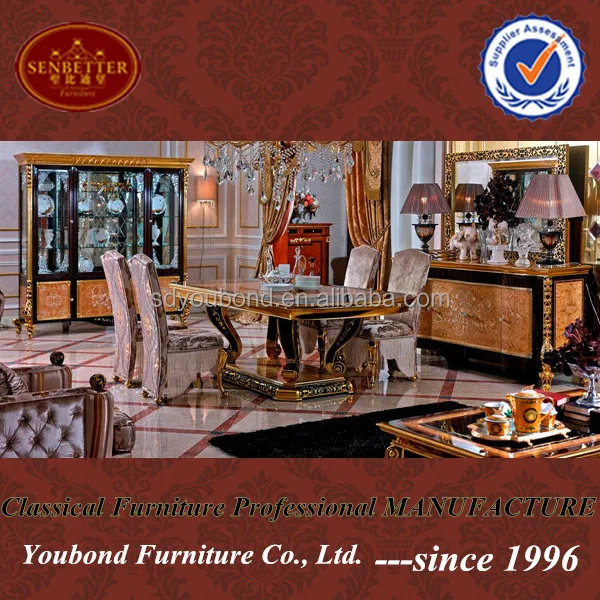 0061 Luxury Golden Wooden Carved Italian Dining Table Sets Wooden Carved Italian Dining Table Sets
