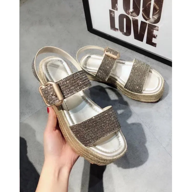Leather Gladiator Ladies Sandals Sparkling Sequined Buckle Strap Hemp Rope Platform Waterproof 