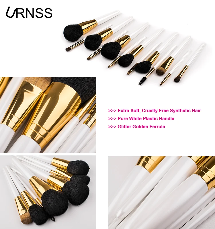 New White Handle Beauty Brush Gold Ferrule Glitter Brushes Set Private