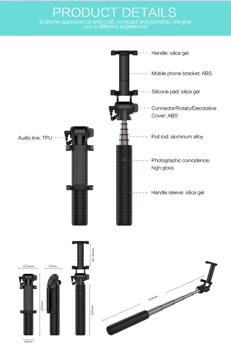 The Cheapest Selfie Stick Monopod without Bluetooth for Apple Wired Control Cable Selfie Stick as promotion gift