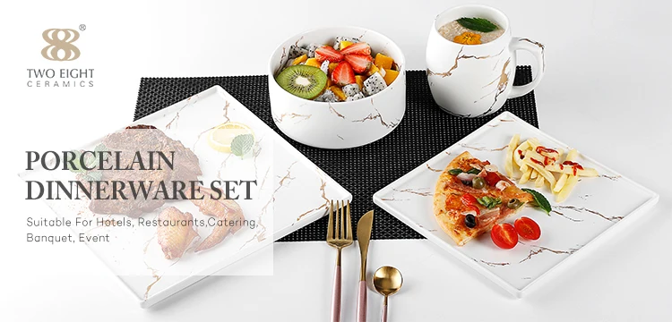 Luxury Ceramic Plate Sets For Restaurant, Square Marble Plates White and Gold Dinner Plate Sets For Wedding Party