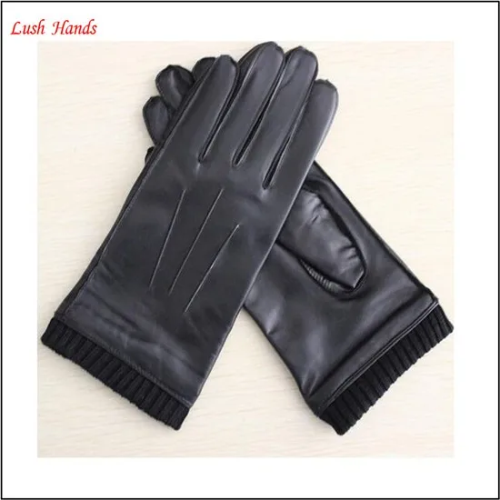 mens fashion black genuine leather glove with knitted cuff