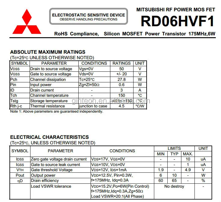 RD06HVF1 Mitsubishi RF Power Transistor MOSFET TO-220 NEW