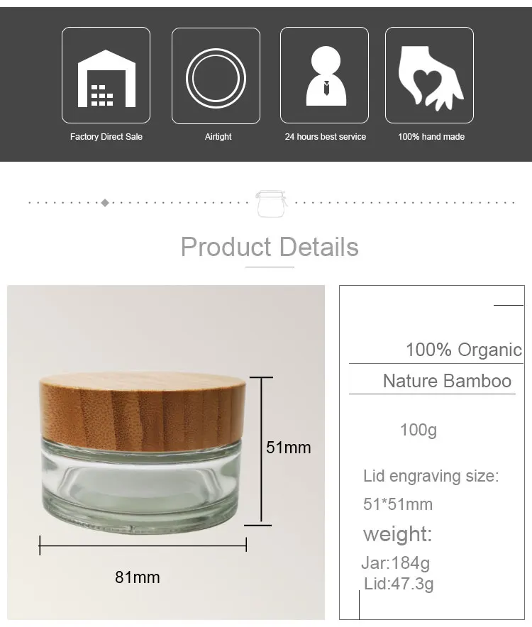 Custom High End Glass Candle Jar Bamboo Lid,Empty Clear 3oz 100g Glass