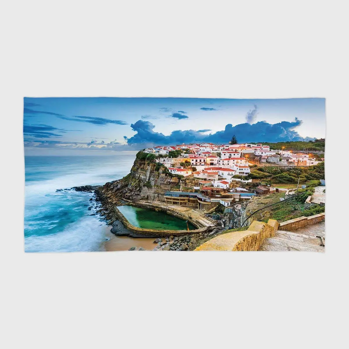 One Side Printing Hotel SPA Beach Pool Bath Hand Towel,Mediterranean Portuguese Town Coast Azenhas do Mar Beach by Cliffs Village Shore Theme Multicolor,for Kids Teens and Adults
