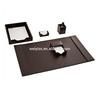 Handmade Luxury Executive Brown Leather Office 5 Piece Desk Set