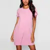 Wholesale Women Summer Cotton Jersey O Neck Short Sleeve Wrap Plain Pink T shirt Dress