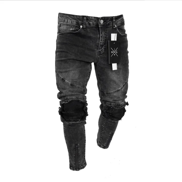 High Quality Black Jeans Elastic Damage Pants Denim Ripped Patch Splice ...