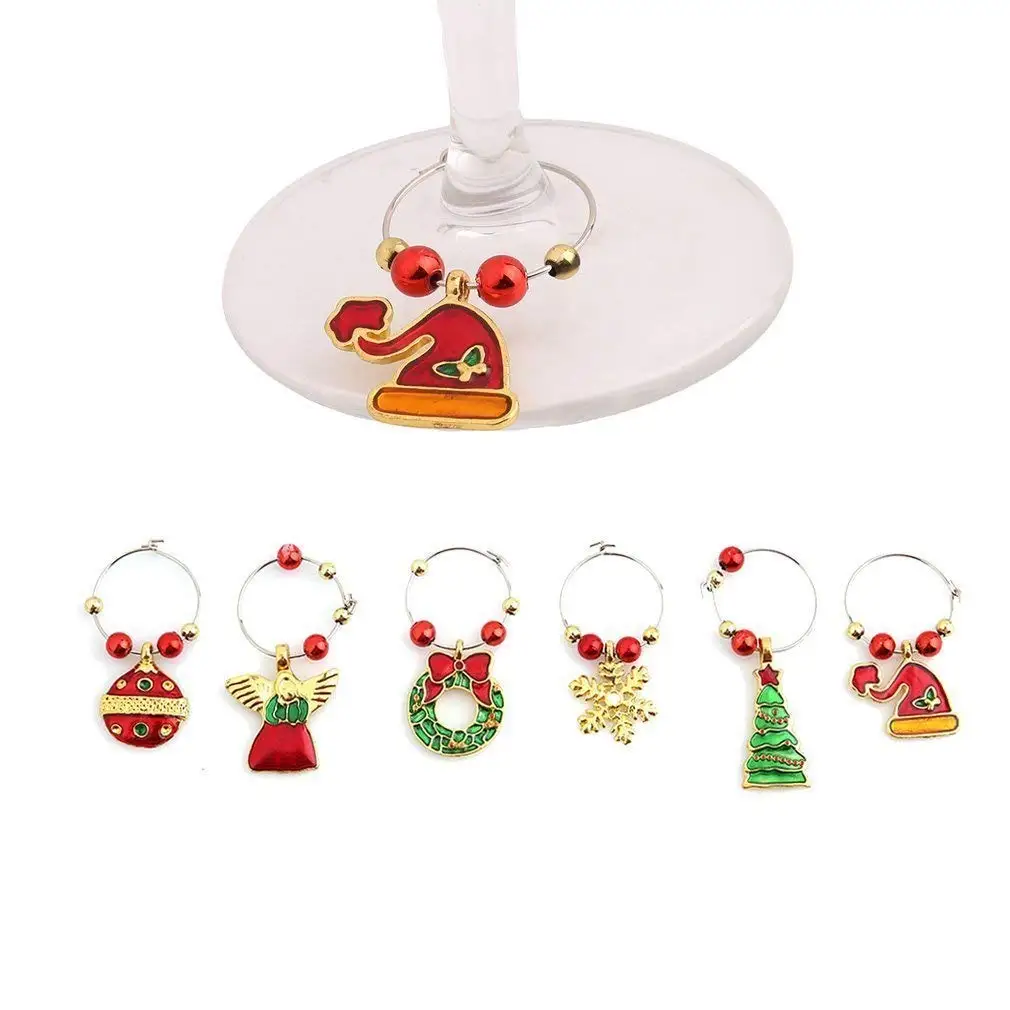 XGuangage 6pcs Christmas Tree Hat Snowman Charm Marker Wine Glass Marker Tags Party Bar Table Decorations