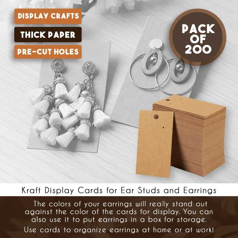 Earring Cards Kraft Color Earrings 3.5 x 2 Inches 200-Pack Earring Card Holder Earring Display Cards for Ear Studs 