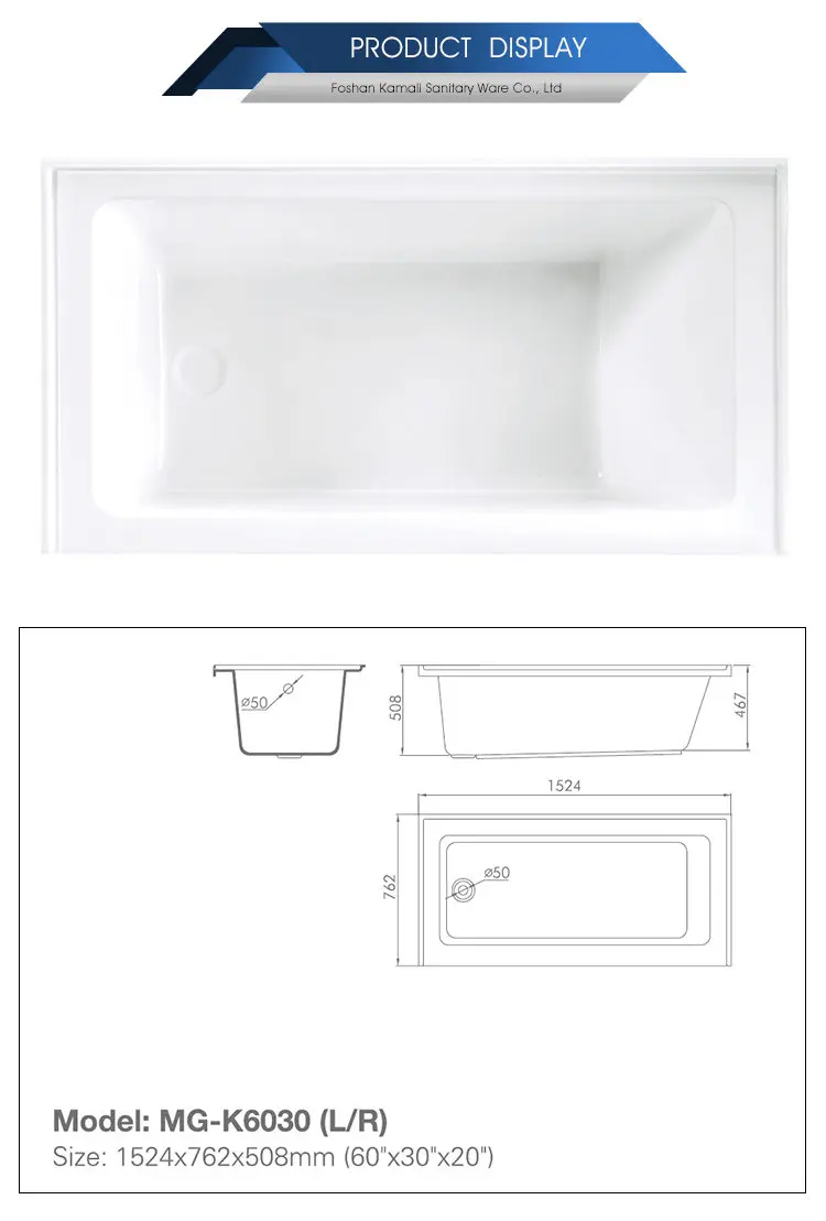 2019 Normal Design Foshan Factory Price Customized Wholesale Hotel Room Acrylic Material Common Bathtub for Shower Room