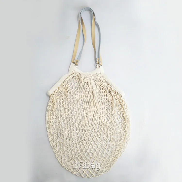 Customized Crocheted Unbleached Woven Cotton Star Mesh Net Hand Bag Leather handle String Mesh Bag Manufacturer