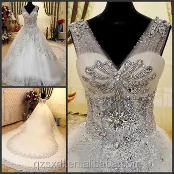 Crystal Beads For Wedding Dress Long Trail Ball Gown V Neck Lace Crystal Beads For Wedding Dress Long Trail Ball Gown V Neck Lace Luxury Bridal