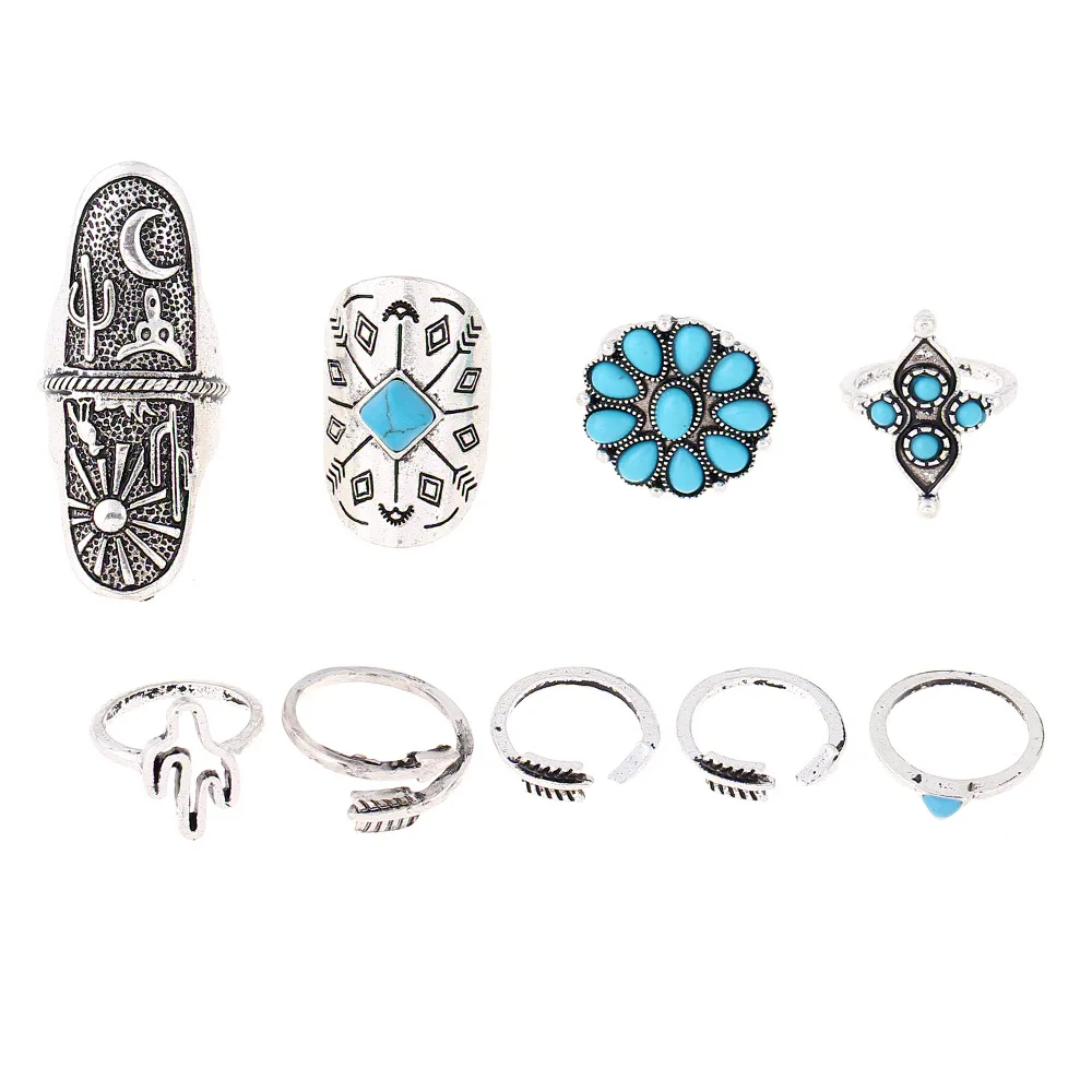 Silver Plating 9 Pcs Rings Set Women Bohemian Ladies Full Finger Ring