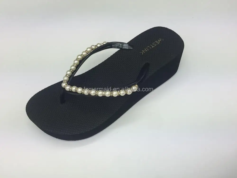 2024 High Quality Cheap Factory Manufacture Fashion Pearl Wedge Shoes Flip Flop Slipper Ladies Heel Shoes