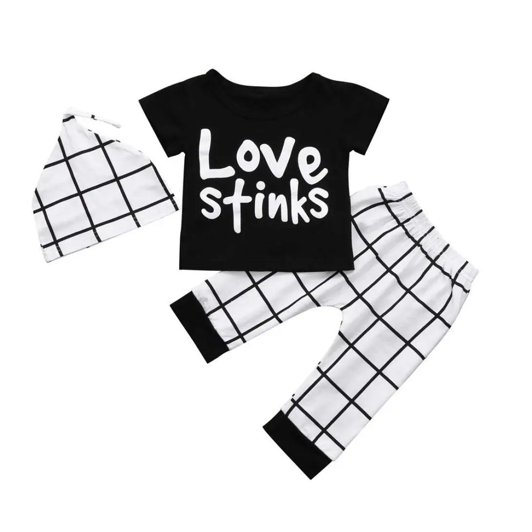 WARMSHOP Toddler Baby Boy Lettering Printed Checked Pants And T-shirt Set