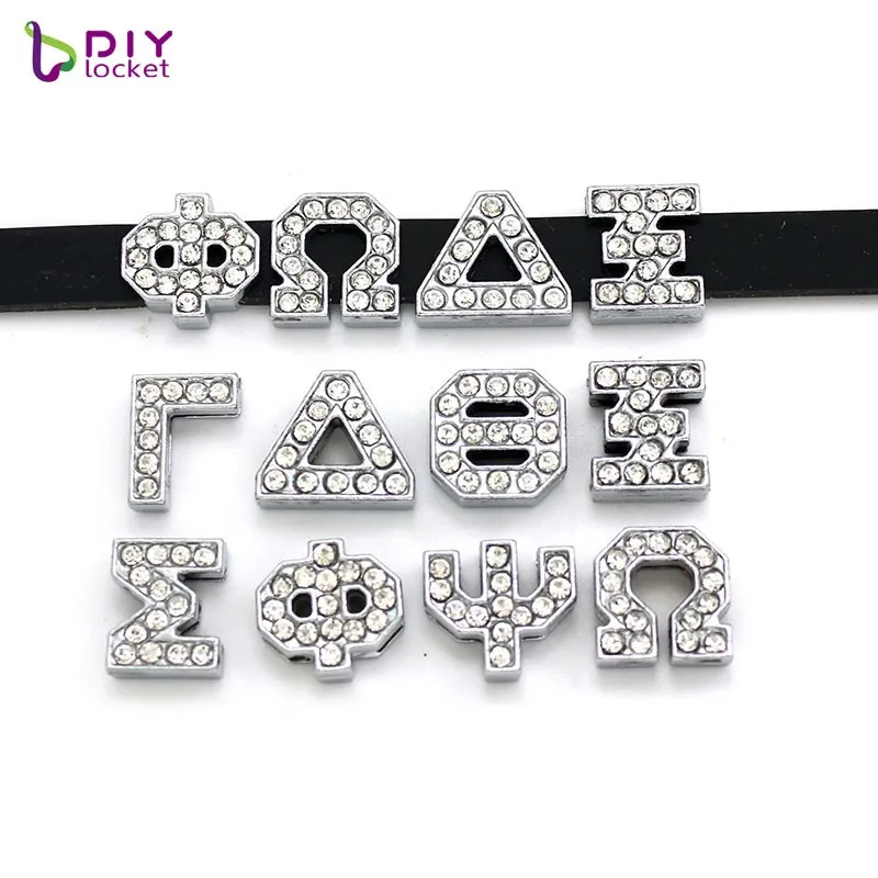 Wholesale Silver Rhinestone Greek Alphabet Slide Charms For 8mm