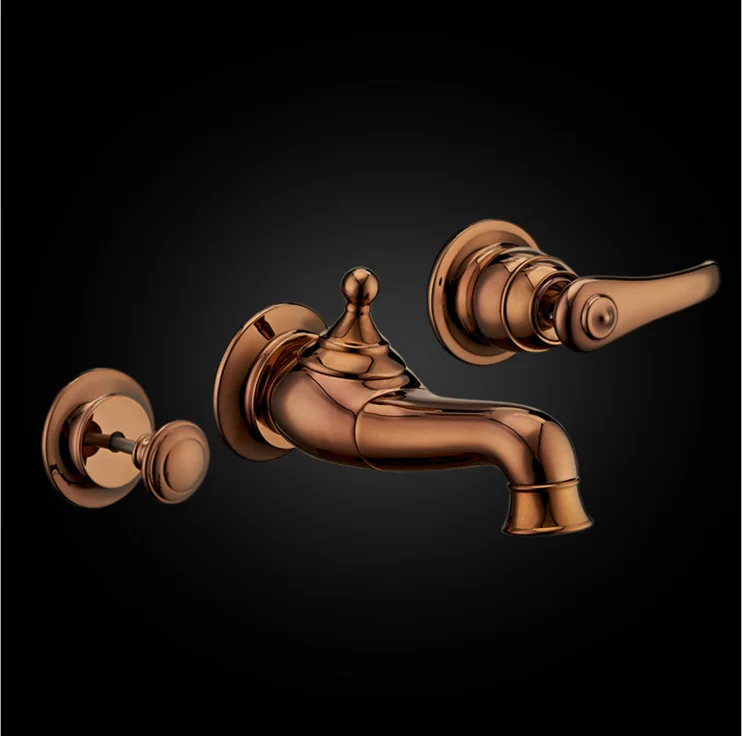 Golden Tap Brass Bathroom double Handles Basin Faucet Wall Mounted