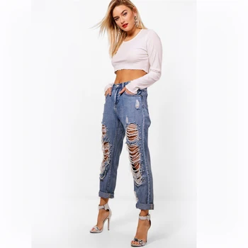 Streetwear Big Hole Loose Boyfriend Jeans Womens Beaded Denim Trousers ...