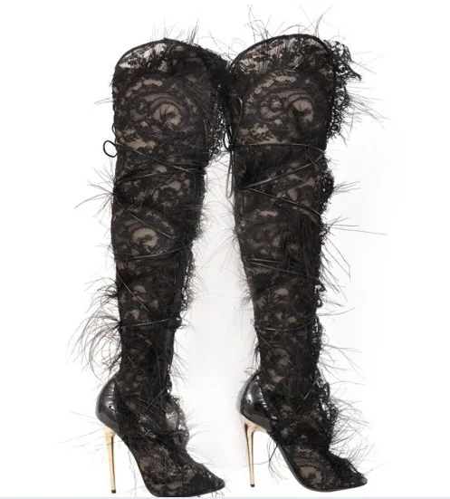 feather thigh high boots