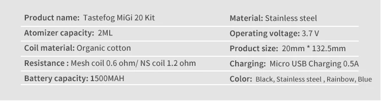 2019 Best Selling in Stock Tastefog MIGI 20 Pod Kit 1500 mah Built-in Battery