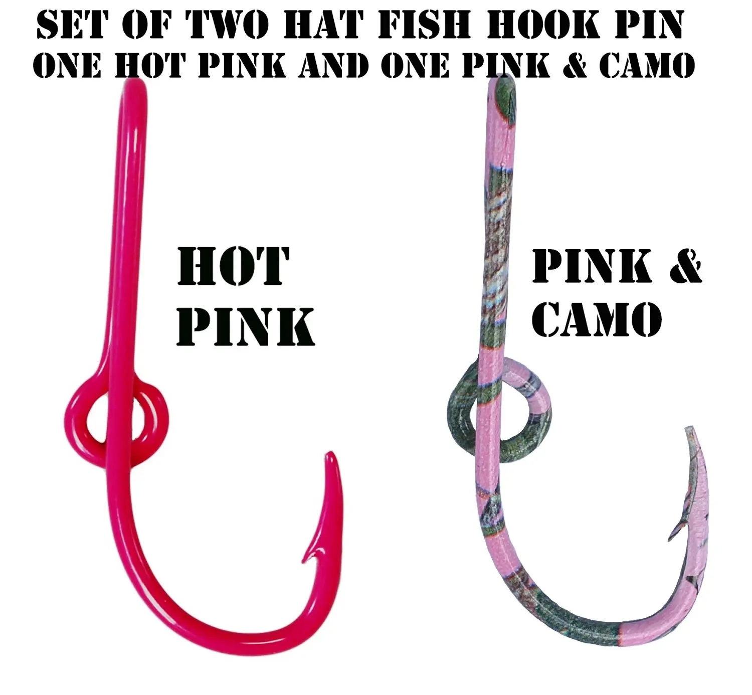 Custom Colored Eagle Claw Camo Hat Fish Hooks (Set of Two Hat Hook pins) One Pink & Camo and One Hot Pink Hat Hook Clip