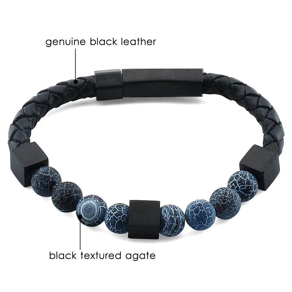 Wholesale Fashion Handmade High Quality Custom Jewelry Black Gemstone Natural Lava Stone Mens Leather Bead Bracelet