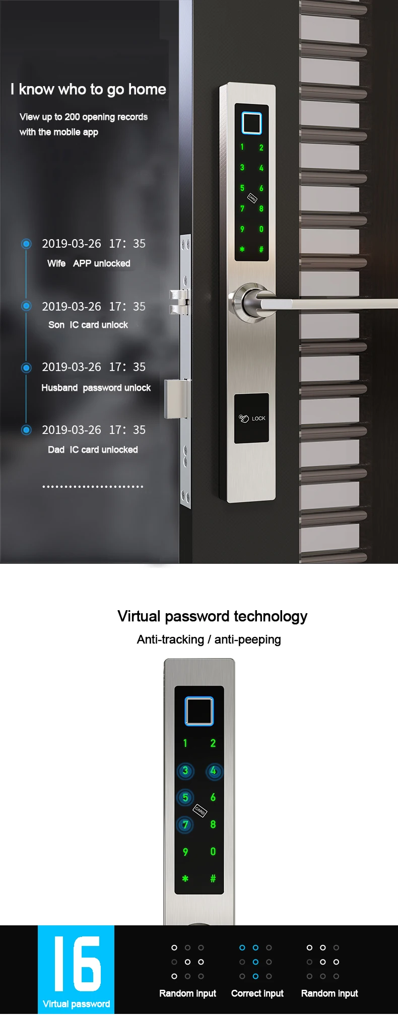 Security aluminum sliding door lock SUS 304 unlock with fingerprint password key card and TTLOCK APP special for narrow door