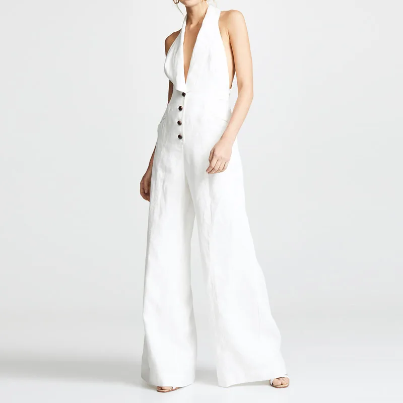 Womens Sleeveless Jumpsuits Formal V-Neck Halter Wide Leg Long Pants