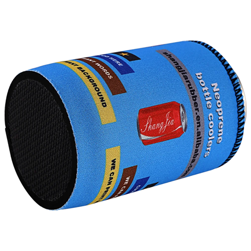 Beer can cooler displaying stable bottom design and grip features