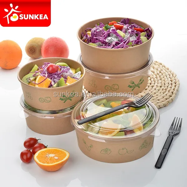 Fast food packaging Disposable printed take away biodegradable containers kraft paper bowl with  lid