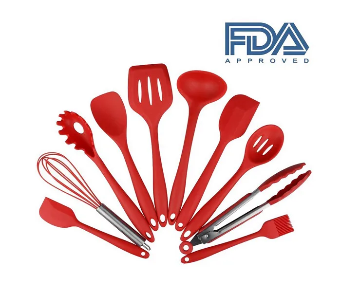 China LFGB FDA bpa free heat resistant red 10 pcs silicone kitchen utensil set