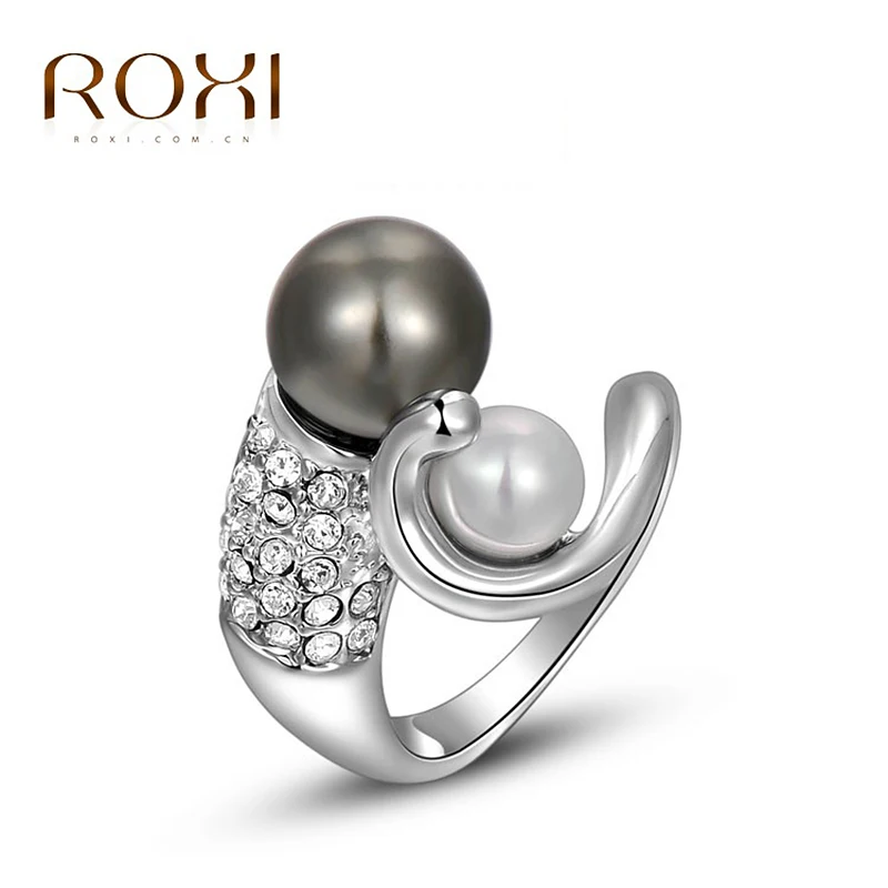 ROXI exquisite Gold plated black pearl ring fashion jewelry free shipping Christmas gift high quality hot