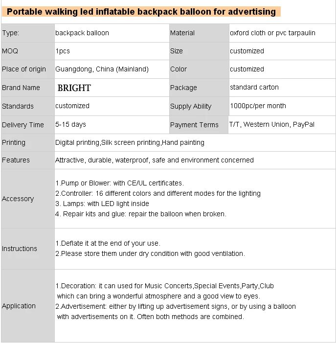 New Brand Advertising Inflatable Led Light Backpack Balloon - Buy Led ...